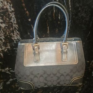 Coach Signature Jacquard Hampton Satchel Handbag Black Canvas and Leather